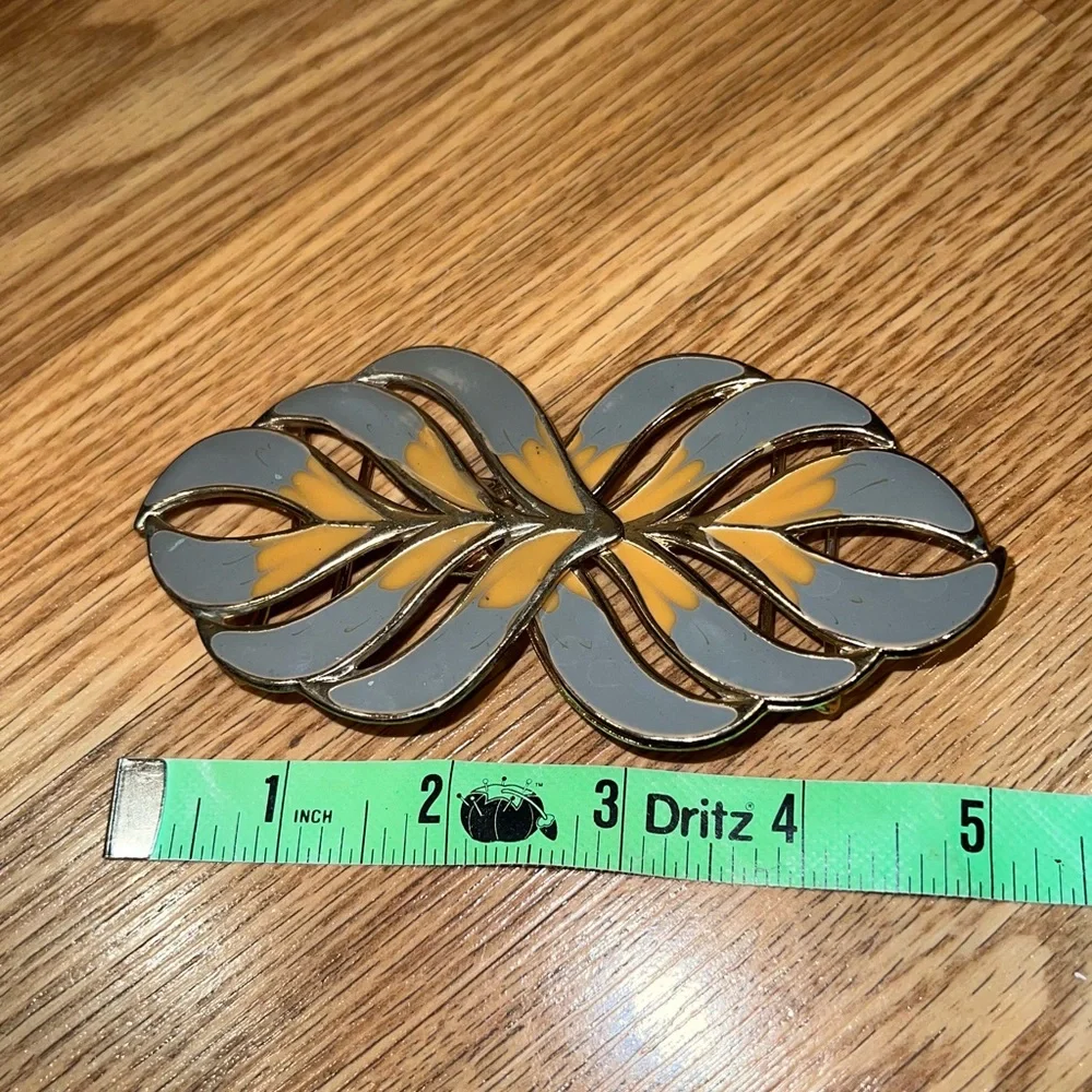 Vintage enamel Metal Gold tone gray & mustard Statement‎ Belt Buckle - Picture 5 of 8